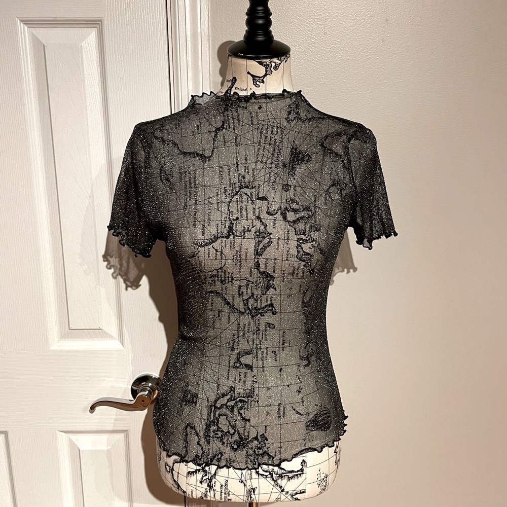 Shein y2k vintage sheer sparkle short sleeve crop see through mesh club tee L